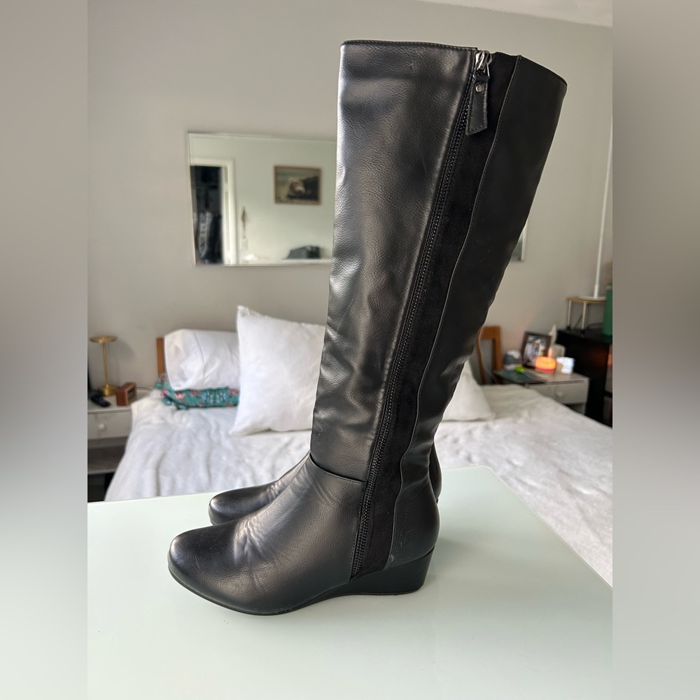 Black Knee High Wedge Boots